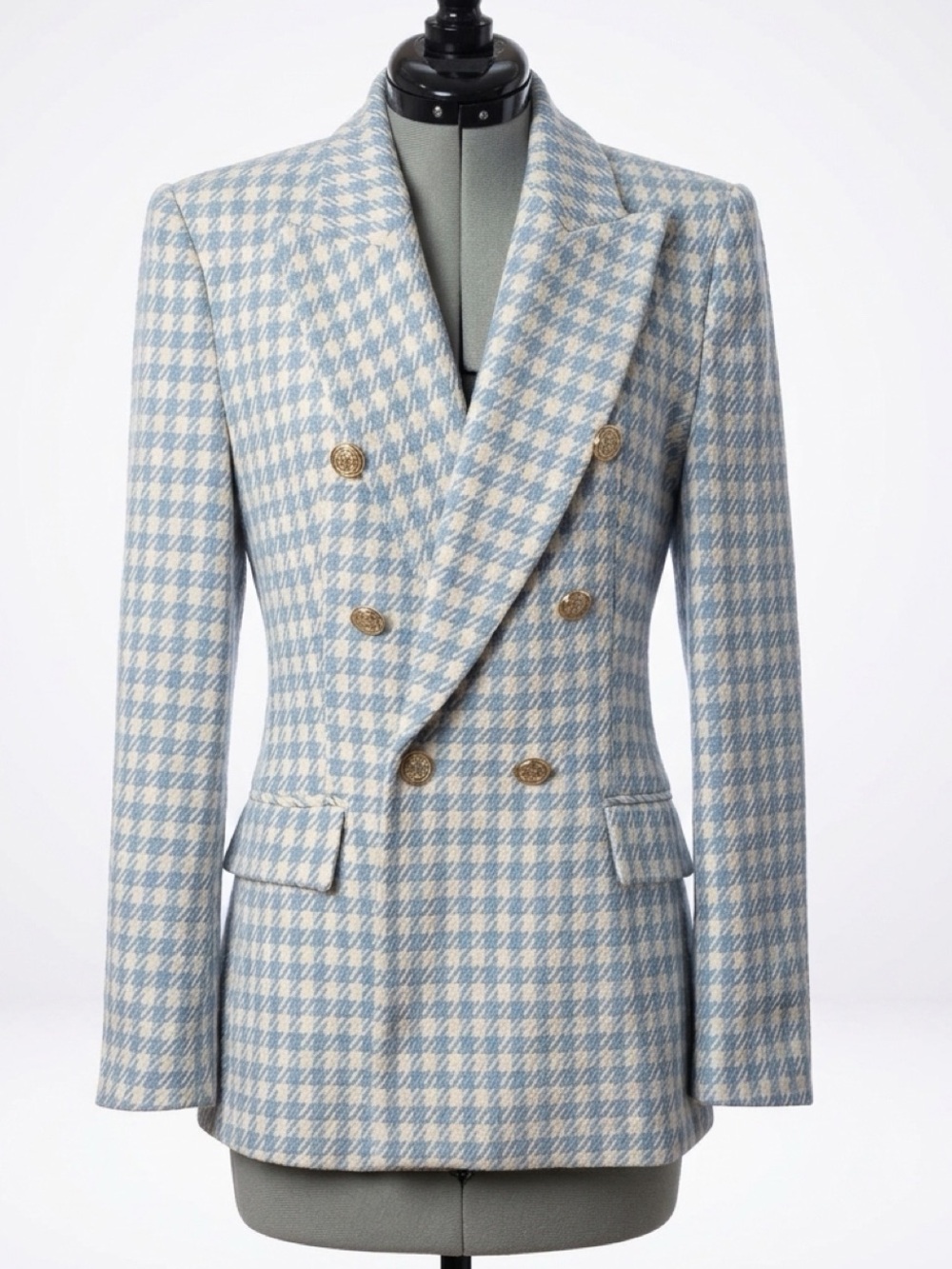 Zara Double-Breasted Houndstooth Blazer in Light Blue and Cream, pockets, S, EUC